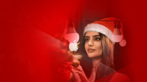 Beautiful Woman in Santa Hat with Apple Logo Christmas Desktop Wallpaper