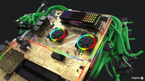 Luxurious Gold Motherboard with RGB Cooling and Green Cables PC Wallpaper