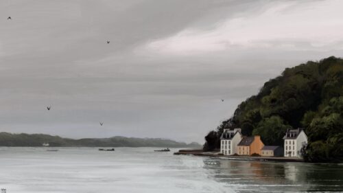 Stunning Coastal Oil Painting Landscape with Lakeside Cottages 4K Wallpaper