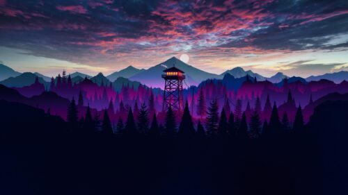 Firewatch Tower in Mountain Forest at Sunset 4K PC Wallpaper