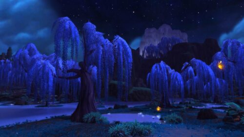 Enchanted Blue Willow Forest at Night Fantasy Landscape 4K Wallpaper