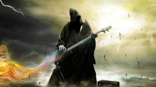 Grim Reaper Playing Electric Bass Guitar Dark Fantasy 4K Wallpaper