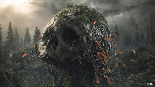 Surreal Giant Stone Skull Overgrown with Vines and Roses Desktop Wallpaper