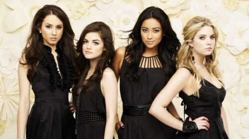 Pretty Little Liars Cast in Elegant Black Outfits 4K Desktop Wallpaper