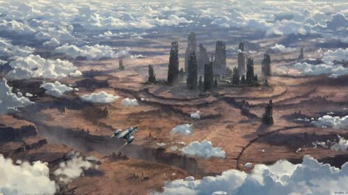 Futuristic Sci Fi Wasteland City and Spaceship Desktop Wallpaper