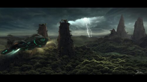 Futuristic Alien Spaceship Over Mysterious Mountain Landscape 4K Wallpaper