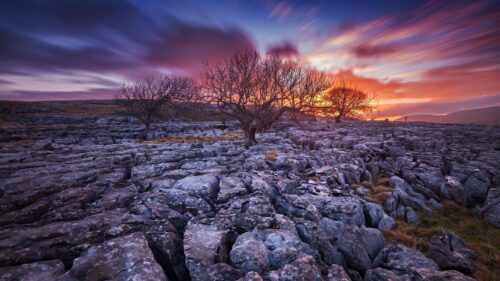 Stunning Malham Cove Landscape with Dramatic Sunset Desktop Wallpaper