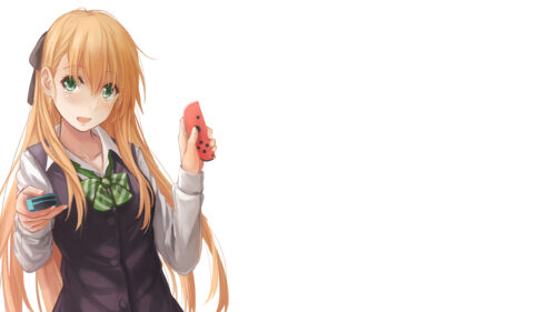 Anime Girl Playing Games with White Minimalist Background PC Wallpaper