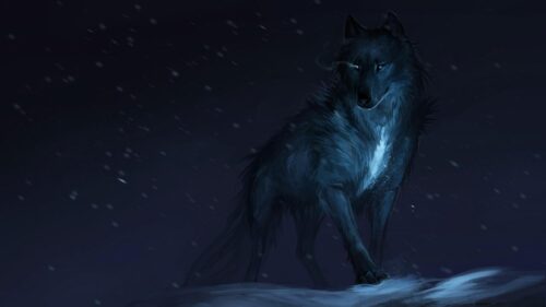 Mystical Glowing Blue Wolf in Snowy Night Desktop Wallpaper