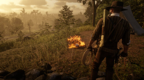 Arthur Morgan Camping at Sunset Red Dead Redemption 2 4K Desktop Wallpaper
