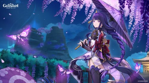 Raiden Shogun Genshin Impact Under Wisteria Trees 4K PC Wallpaper