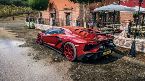 Red Lamborghini Aventador SVJ Rain Scene 4K Wallpaper