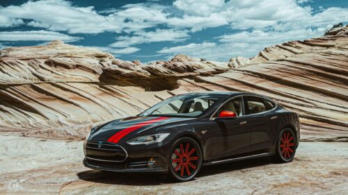 Custom Carbon Fiber Tesla Model S with Red Accents PC Wallpaper