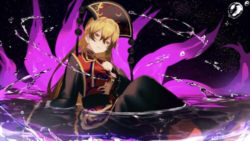 Anime Girl with Red Eyes and Traditional Attire in Purple Aura 4K Wallpaper