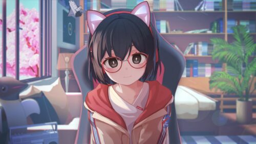 Cute Anime Girl with Cat Ears in a Cozy Gaming Room PC Wallpaper