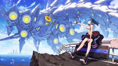 Anime Girl with Giant Mecha Robot and Sunflower Desktop Wallpaper