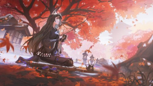 Anime Girl Meditating Under Autumn Maple Tree PC Wallpaper