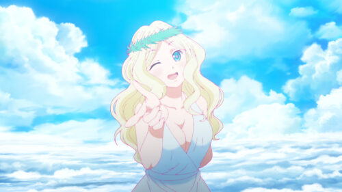 Beautiful Anime Girl with Blonde Hair Winking Above the Clouds 4K Wallpaper
