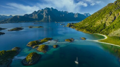Breathtaking Lofoten Islands Norway Landscape with Sailboat 4K Wallpaper