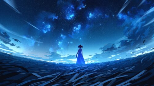 Anime Girl Standing Under a Stunning Starry Night Sky Desktop Wallpaper