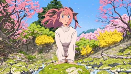Anime Girl in Springtime Cherry Blossom Forest PC Wallpaper