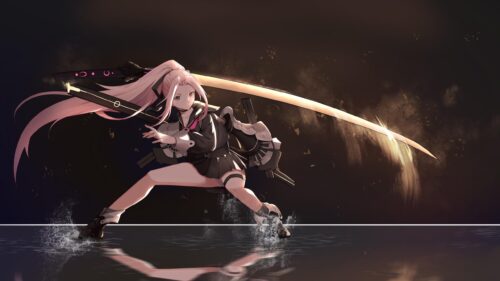 Anime Girl Warrior with Glowing Katana Desktop Wallpaper