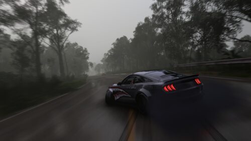Grey Ford Mustang Drifting Through Foggy Forest Road PC Wallpaper