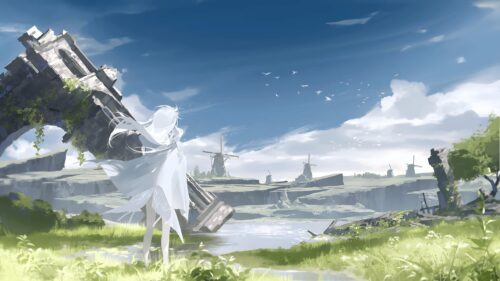 Anime Girl Standing in Ruined Landscape with Windmills PC Wallpaper