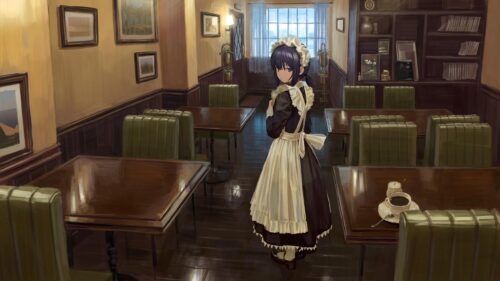 Anime Maid in Classic Vintage Cafe Interior Desktop Wallpaper