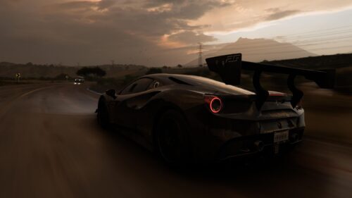 Black Ferrari 488 GTB Racing Car on Coastal Road at Sunset 4K Wallpaper