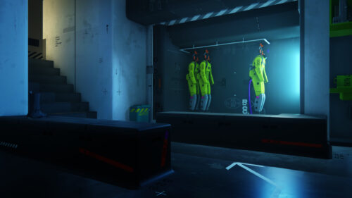 Futuristic Sci-Fi Laboratory Interior with Biohazard Suits 4K Wallpaper