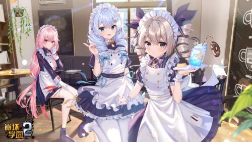 Anime Maid Trio Cafe Scene Honkai Gakuen 2 Desktop Wallpaper