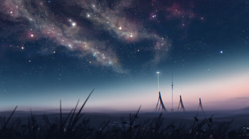 Minimalist Sci-Fi Landscape with Milky Way Galaxy and Futuristic Towers 4K Wallpaper