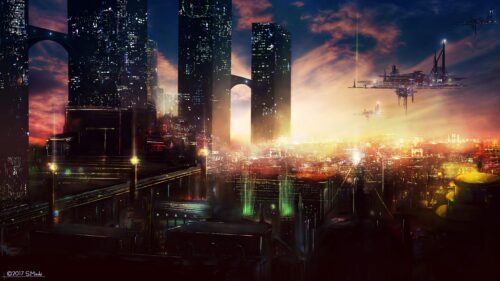 Futuristic Cyberpunk Cityscape with Flying Spaceships Sunset 4K Wallpaper