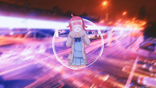 Anime Girl with Smiley Mask City Lights Aesthetic PC Wallpaper