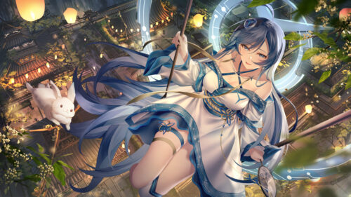 Beautiful Anime Girl with Long Blue Hair and Rabbit in Traditional Fantasy Setting 4K Wallpaper