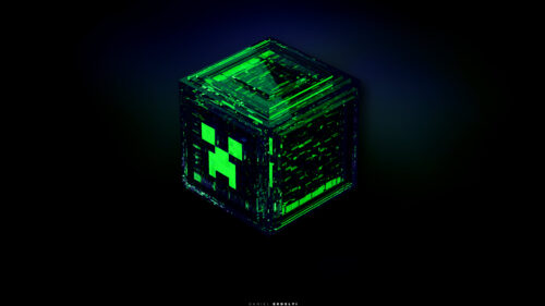 Abstract Minecraft Creeper Tech Cube Glowing Green 4K PC Wallpaper