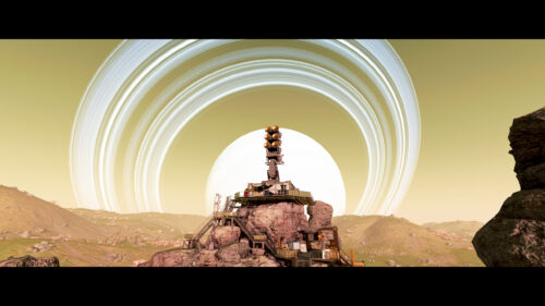 Futuristic Alien Outpost With Planetary Rings Desktop Wallpaper