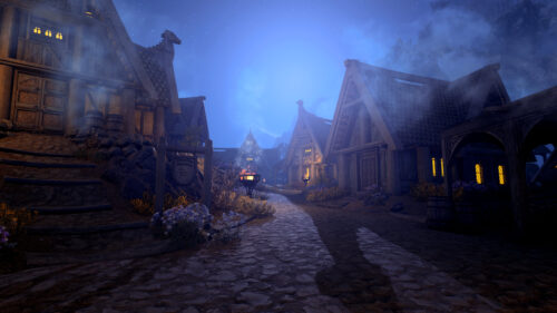 Mystical Medieval Fantasy Village at Night Skyrim Inspired PC Wallpaper