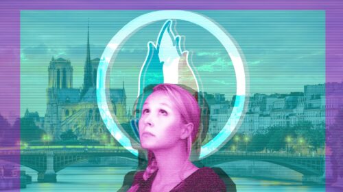 Aesthetic Paris Notre Dame Glitch Art with Woman Portrait PC Wallpaper