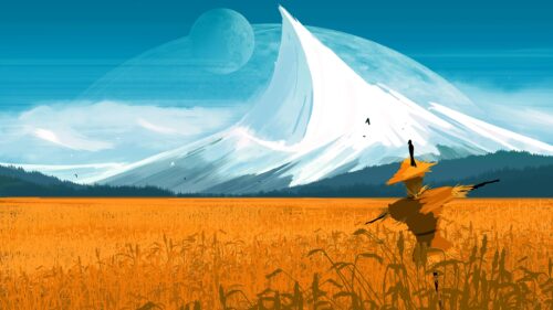 Surreal Golden Wheat Field with Majestic Alien Mountain Peak 4K Wallpaper