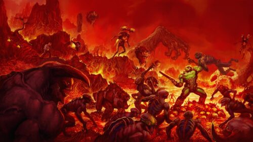 Doom Slayer Fighting Demons in Hell 4K PC Wallpaper