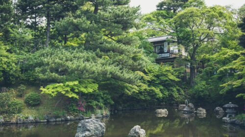 Serene Traditional Japanese Garden with Tranquil Pond and Architecture PC Wallpaper