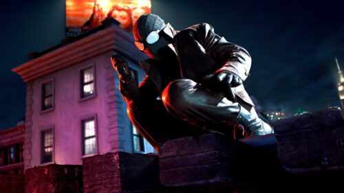 Spider-Man Noir Crouching on Rooftop Cinematic 4K PC Wallpaper