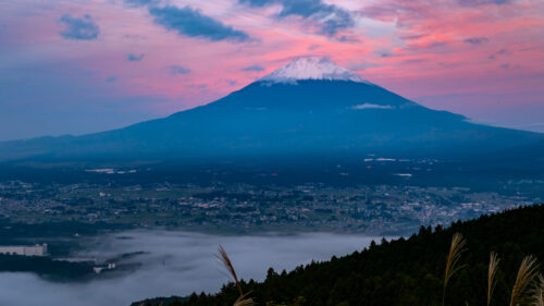 Breathtaking Mount Fuji at Sunset with Clouds and Cityscape PC Wallpaper