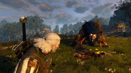 Geralt of Rivia Facing a Griffin in The Witcher 3 Wild Hunt Desktop Wallpaper