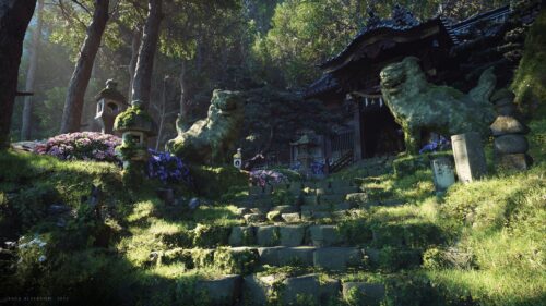 Ancient Japanese Shinto Shrine in Enchanted Forest 4K Desktop Wallpaper
