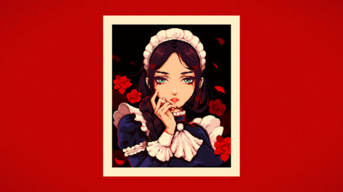 Pixel Art Maid Girl with Red Roses Aesthetic Desktop Wallpaper