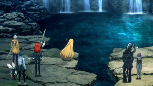 Anime Fantasy Group at Magical Waterfall Scenic View 4K Wallpaper