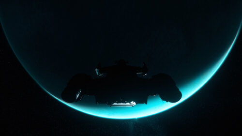 Silhouette Spaceship Orbiting a Glowing Blue Planet 4K Wallpaper